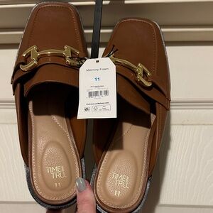 Time and Tru Women's Brown Mules with Gold Buckle